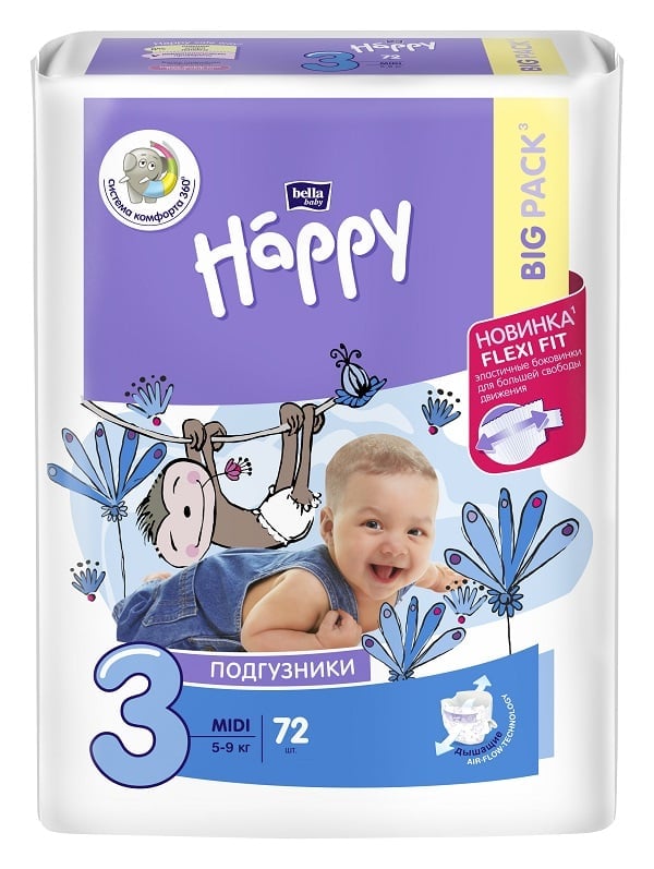 дет. подгузники Baby Happy Midi 72 шт., вес 5-9 кг  №3 дет. подгузники Baby Happy Midi 72 шт., вес 5-9 кг  №3