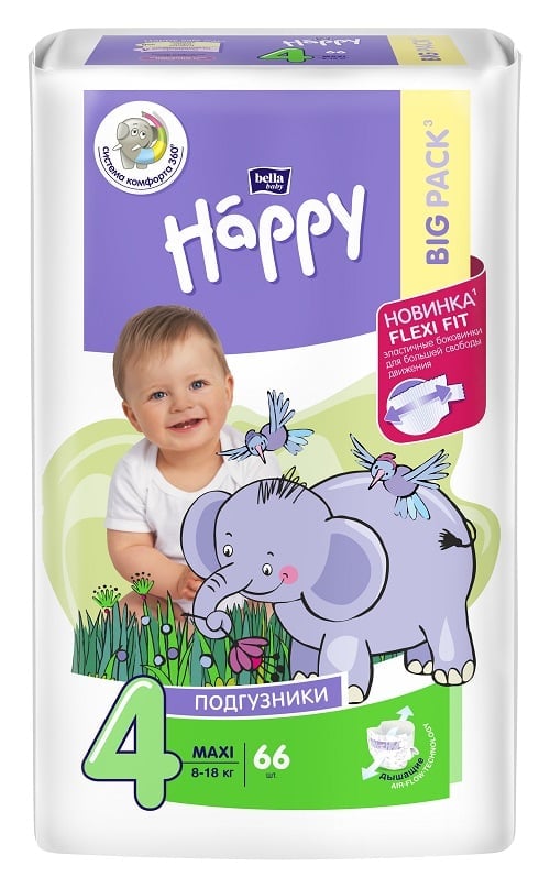 дет. подгузники Happy Maxi 66 шт., вес 8-18 кг №4