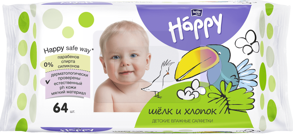 Влажные салфетки Bella Baby Happy c хлопком и шелком 64 шт.