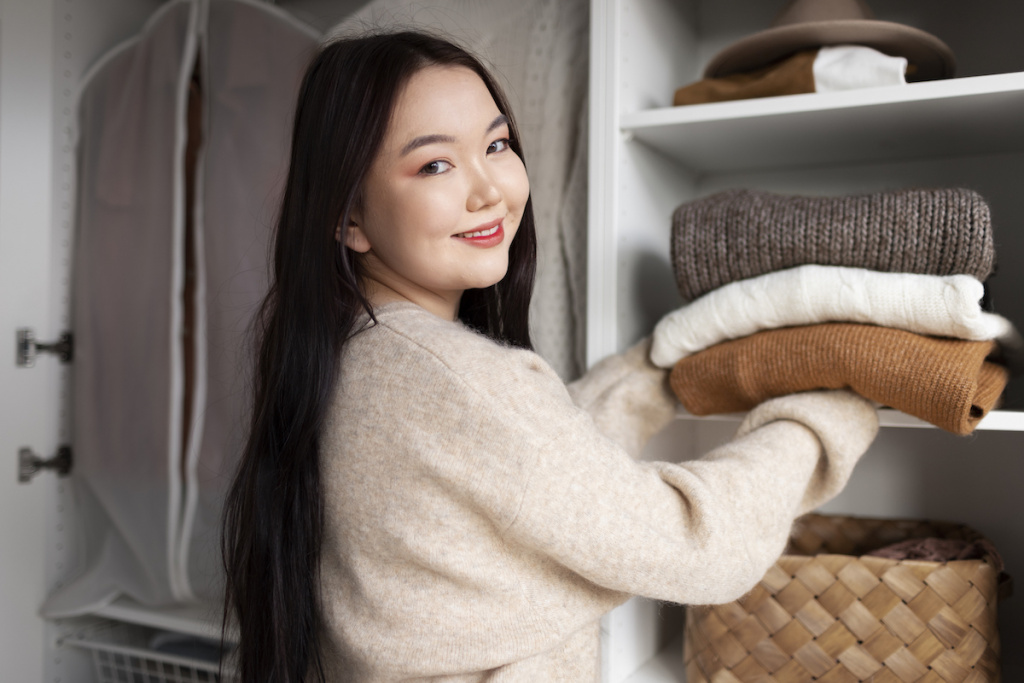 девушка убирает зимние вещи в шкаф