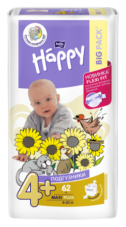 дет. подгузники Baby Happy Maxi Plus 62 шт., вес 9-20 кг №4+ фотография товара